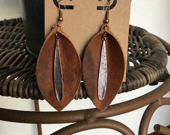 Large Distressed Leather leaf Drop earrings with Antique Brass teardrops, Lever Back closure or Fishhook wires, Handmade