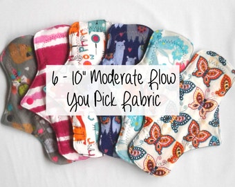 Cozy Cloth Set of 6 - 10" Moderate Flow Cloth Menstrual Pads - You Pick Fabric