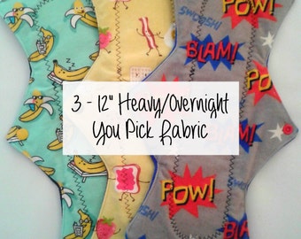 Cozy Cloth Set of 3 - 12" - Heavy/Overnight Cloth Menstrual Pads - You Pick Fabric