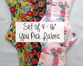 Cozy Cloth Set of 4 - 16" Heavy Flow/Overnight/ Postpartum Cloth Menstrual Pads - You Pick Fabric