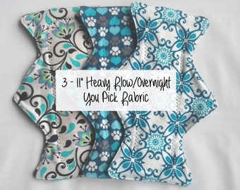 Cozy Cloth Set of 3 - 11" - Heavy/Overnight Cloth Menstrual Pads - You Pick Fabric