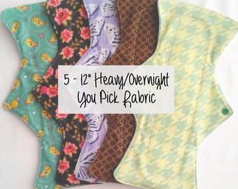 Cozy Cloth Set of 5 - 12" - Heavy/Overnight Cloth Menstrual Pads - You Pick Fabric