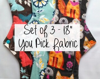 Cozy Cloth Set of 3 - 18" Heavy Flow/Overnight/ Postpartum Cloth Menstrual Pads - You Pick Fabric