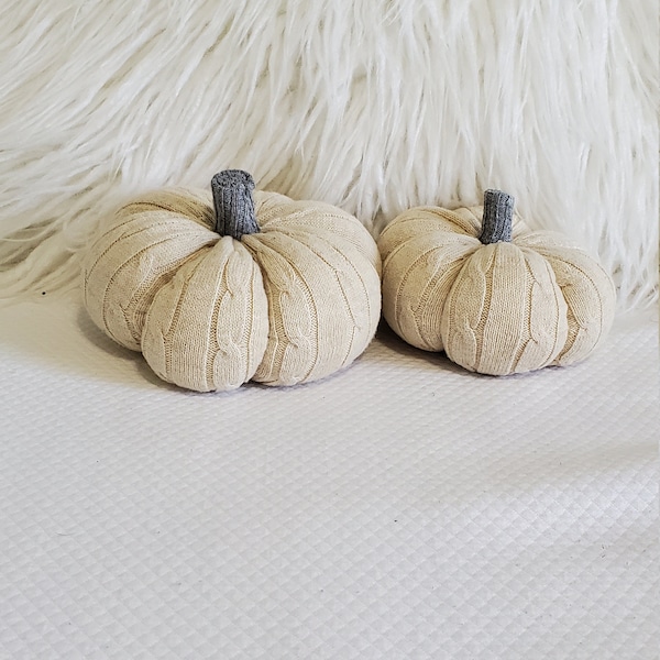 Cream pumpkin pillow with gray sweater stem from repurposed sweaters,handmade