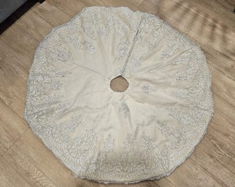 Custom memory Christmas tree skirt from wedding dress