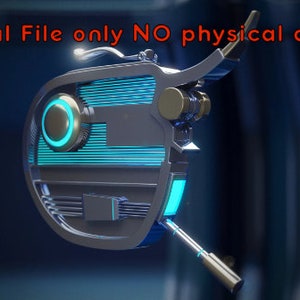 May include: A futuristic, silver and blue, 3D rendered, spaceship-like object with a glowing blue light. The object has a round, central body with a long, thin, silver arm extending from the side. The object is floating in mid-air against a dark blue background.