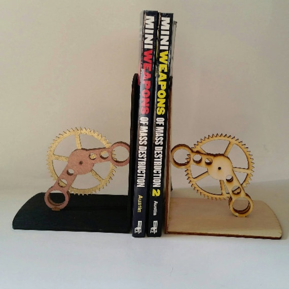 laser-cut wooden gear bookends steampunk design