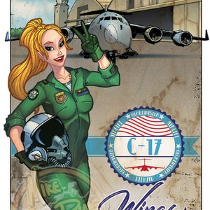 C-17 "Wings for Victory" - Vintage Print Pinup & Airplane Art by Mike Shampine - Signed and Numbered