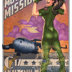C-17 "Move The Mission" - Vintage Print Pinup & Airplane Art by Mike Shampine - Signed and Numbered