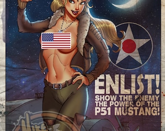 P-51 Mustang WW2 "Night Version" - Vintage Print Pinup & Airplane Art by Mike Shampine - Signed and Numbered