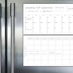 May include: A white weekly and monthly IVF planner with a calendar and checklist. The planner is designed to help people track their IVF journey.