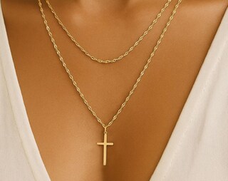 Collana Con Doppia Croce Donna Placcata Oro 14K - Delicata E Regolabile, In Rame Ipoallergenico