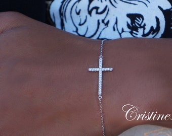 10K, 14K or 18K Solid Gold Celebrity Style Small Sideways Cross Bracelet With Cubic Zirconia Stones - Religious Bracelet On Sale