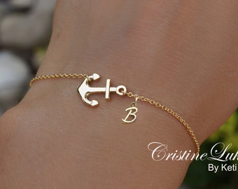 Sideways Anchor Bracelet Or Anklet With Initial - Celebrity Style Horizontal Cross And Anchor Bracelet in Sterling Silver or Solid Gold