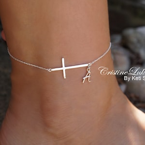Sideways Cross Anklet with Dainty Initial - Personalized Initial Anklet in Sterling Silver, Yellow Gold, Rose Gold or White Gold