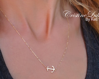 10K, 14K or 18K Solid Gold Anchor Necklace in White, Yellow or Rose Gold, Sideways Anchor Necklace, You Are My Anchor Gift