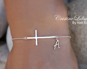 Sideways Cross Bracelet with Dainty Initial, Personalized Initial Bracelet in Sterling Silver, Yellow Gold or Rose Gold