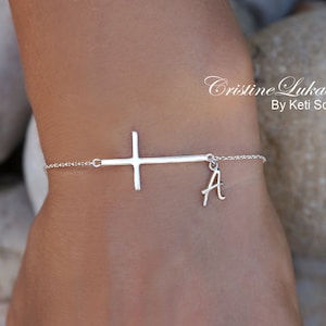 Sideways Cross Bracelet with Dainty Initial, Personalized Initial Bracelet in Sterling Silver, Yellow Gold or Rose Gold