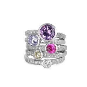 Stacking Ring Set Of 5 Rings With Sparkling Colorful CZ Stones in Sterling Silver,  Amethyst, Ruby, Diamond  Citrine and  Alexandrite Colors