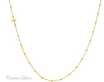 14K Solid gold, Silver, Rose or Yellow Gold Sideways Cross Necklace With Beaded Satellite Chain, Mini Cross Charm For Woman or Girl.