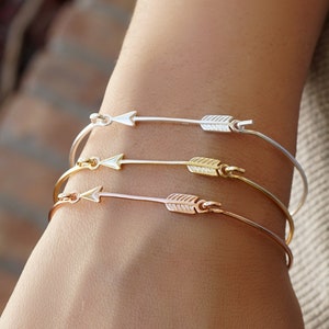 Sideways Arrow Bangle Bracelet in Sterling Silver with White, Rose or Yellow Gold overlay - Stacking Bangle For Woman