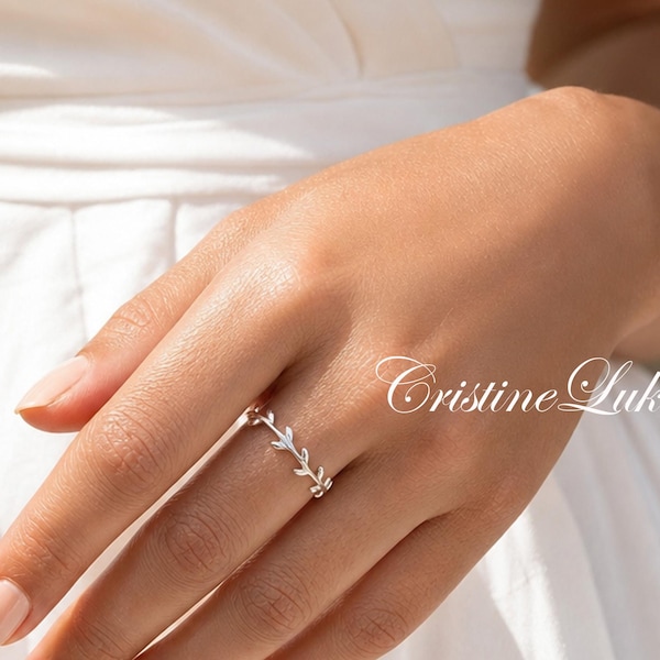 Sterling Silver Olive Branch Ring, Leafy Stacking Ring