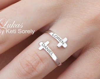 Engraved Cross Ring With Names or Dates, Double Wrap Ring Engraved Cross Ring With Names or Dates, Double Wrap Ring