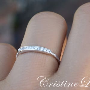 Dainty Bar Ring with Clear CZ Stones - Stackable Ring in Sterling Silver - Rope Band Stacking Sing - Minimalist Style Ring