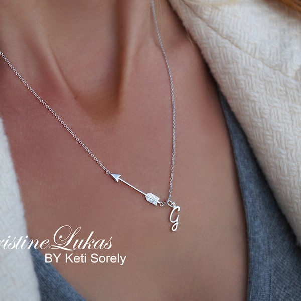 Sideways Arrow Necklace With Personalized Initial in Sterling Silver, New Destination, Love, Devotion, Graduation Gift For Woman.