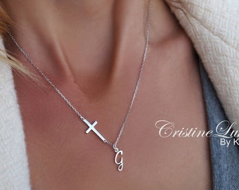 Cross Necklace With Personalized Initial Charm - Script Initial Necklace in Solid Gold, Sterling Silver, Yellow Gold, Rose Gold, White Gold