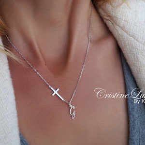Cross Necklace With Personalized Initial Charm - Script Initial Necklace in Solid Gold, Sterling Silver, Yellow Gold, Rose Gold, White Gold