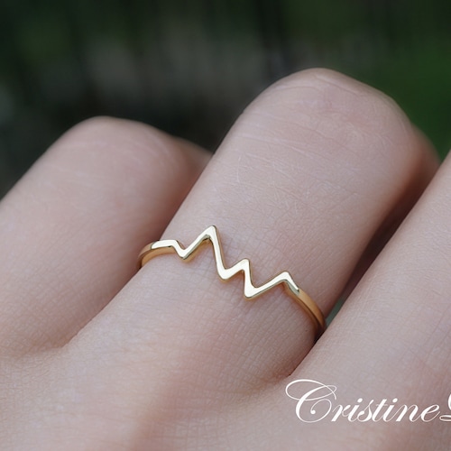Dainty 10k Yellow Gold Heartbeat Ring - Lifeline Pulse EKG Design (Size 7.75) - View #4