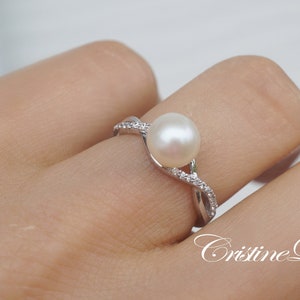 Bague en perles naturelles, bague infini classique avec pierres de zircon cubique et perle, perle blanche d'eau douce pour femme en argent sterling.