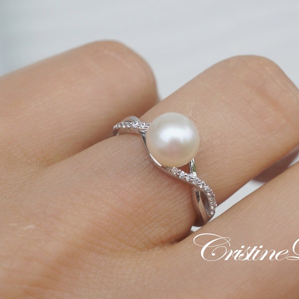 Natural Pearl Ring, Classic Infinity Ring with Cubic Zirconia Stones & Pearl, Freshwater White Pearl for Woman in Sterling Silver.