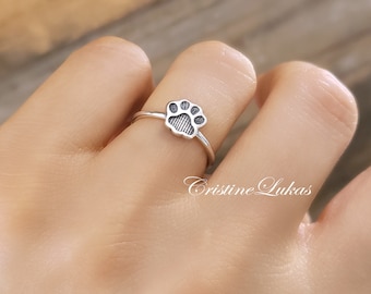 Sterling Silver Paw Print Ring, Animal Paw Print Ring, Stacking Skinny Dogs Paw Print Ring.