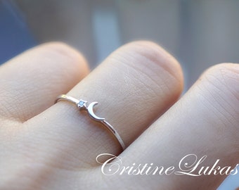 Dainty Moon & Star Ring With Cubic Zirconia Stone in Sterling Silver, Yellow or Rose Gold - Minimalist Ring, Stacking Ring