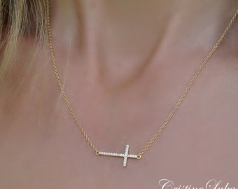 10K, 14K or 18K Solid Gold Sideways Cross Necklace With Cubic Zirconia Stones in White, Yellow or Rose Gold, Faith Gift for Woman or Girl