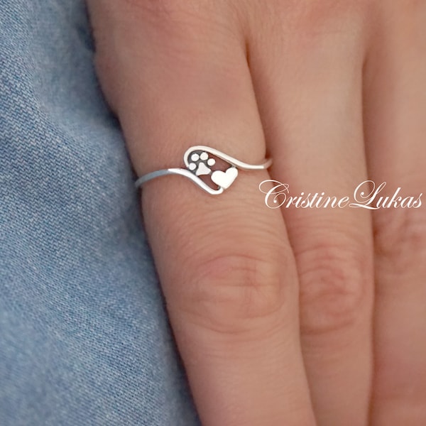 Mini Paw Print Ring with Heart in Sterling Silver, Animal, Dog lovers, New Puppy Memorial Gift.