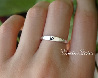 Mini Paw Print Ring in Sterling Silver, Yellow or Rose Gold, Animal Lover Ring, Dogs Paw Print Ring, Pet Memorial Ring
