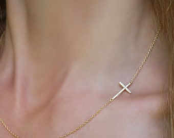 10K, 14K or 18K Solid Gold Sideways Cross Necklace With Cubic Zirconia Stones in White, Yellow or Rose Gold, Faith Gift for Woman or Girl