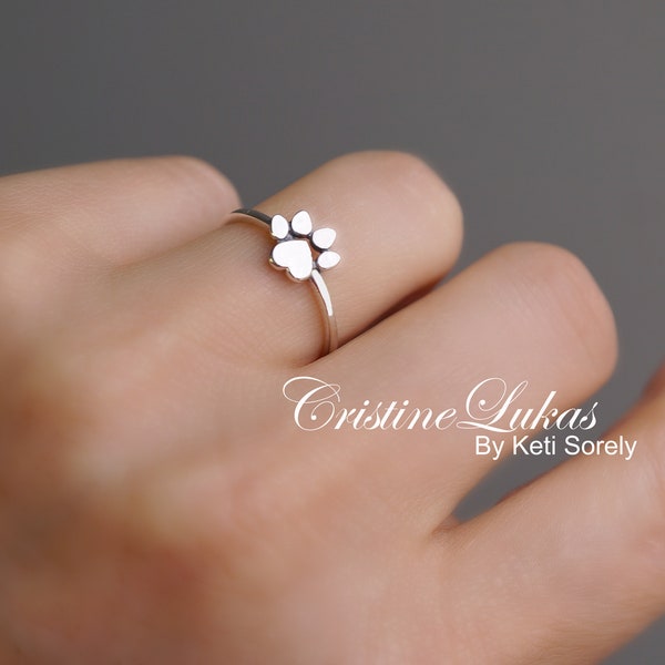 Paw Print Ring, Animal Lover Ring, Dogs Paw Print, Puppy Love Ring in Sterling Silver, Yellow or Rose Gold, Puppy Initial Ring for Woman