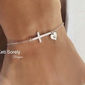 Solid Gold: 10K, 14K, 18K, Personalized Bracelet or Anklet for Woman or Child, Sideways Cross Bracelet with Engraved Initial on Heart