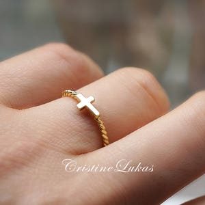 10K, 14K or 18K Solid Gold Celebrity Style Small Sideways Cross Ring, Braided Rope Ring in Yellow, White or Rose Gold - Religious Ring