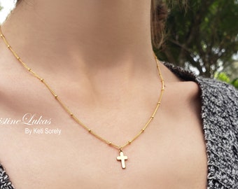 14K Solid Gold or 14K Gold Filled Mini Cross Necklace With Beaded Satellite Chain, Classic Gift for Woman or Girl, Religious Spiritual Gift.