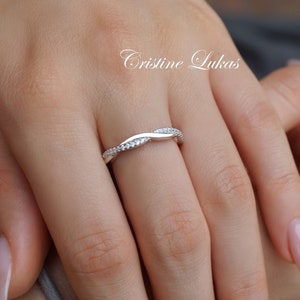 Sterling Silver Rhodium Plated Twisted Infinity Band With Cubic Zirconia Stones, Engagement Ring Band, Mini Stacking Ring