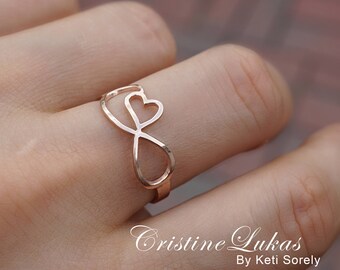 10K, 14K or 18K Solid Gold - Dainty Infinity Ring with Heart, Love Knot Ring in White, Yellow or Rose Gold, Stackable Heart Ring