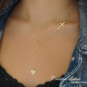 10K, 14K, 18K: Solid Gold or Sterling Silver Dainty Heart and Cross Lariat Necklace with Your Initial in Yellow, Rose or White Gold