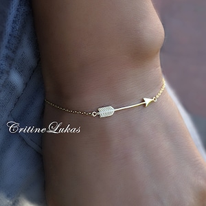 10K, 14K, 18K Solid Gold Sideways Arrow Bracelet In Yellow Gold, White Gold and Rose, Life Changes, New Direction, Travel & Adventure Gift