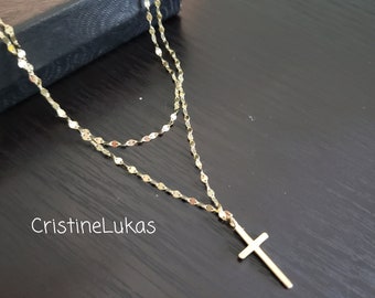 Layered Cross Necklace With Singapore Chain, Double Chain Stackable Necklace in Yellow Gold, Sterling Silver or Rose Gold, Kid or Adult.