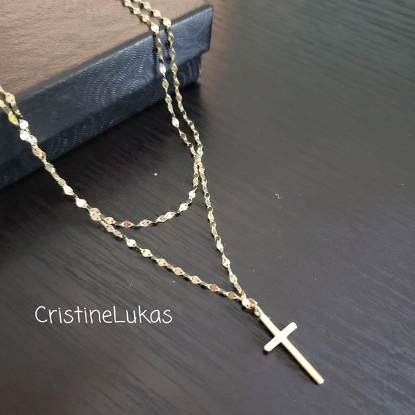 Layered Cross Necklace With Singapore Chain, Double Chain Stackable Necklace in Yellow Gold, Sterling Silver or Rose Gold, Kid or Adult.
